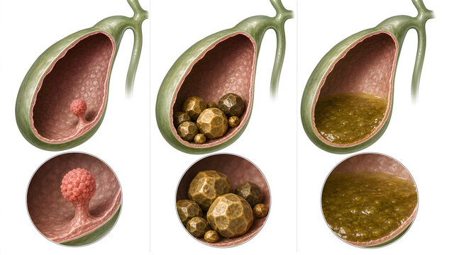 Gallbladder polyp stone and sludge comparison illustration