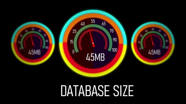 Dynamic digital database size loading gauge animation featuring three colorful circular progress meters measuring increasing data storage capacity in megabytes for modern technology and software ui