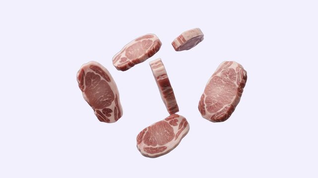 Several fresh slices of raw pork chops suspended in mid-air against a clean white canvas. This minimalist food asset is designed for recipe videos, culinary marketing, and grocery retail promotions.