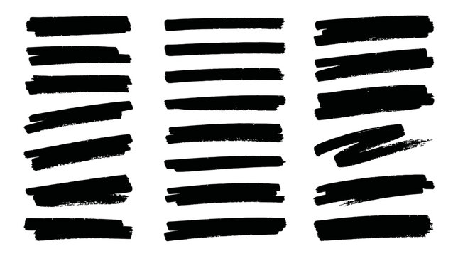 Black highlighter brush stroke lines set for underline banners, dry paint marker stripes, rough grunge ink smears and bold hand drawn highlight elements, Grunge paint lines
