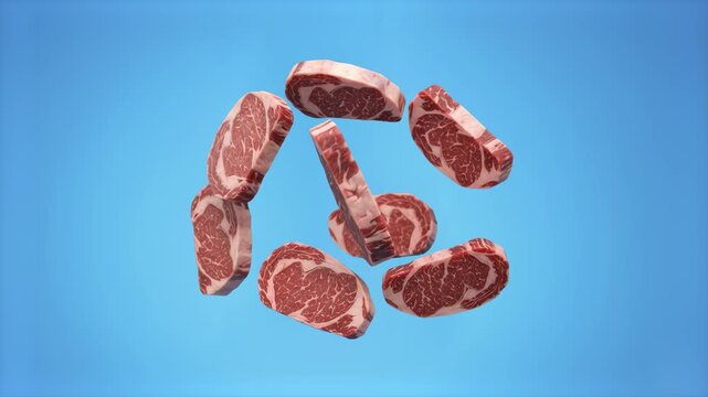 A clean 3D render of marbled raw beef steaks suspended in motion over a solid light blue studio backdrop. Great for culinary blog graphics, meat delivery service promotions, recipe videos, and food pr