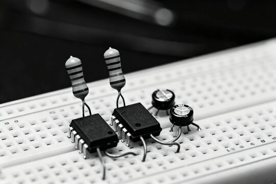 Electronic Components on Breadboard in Black and White