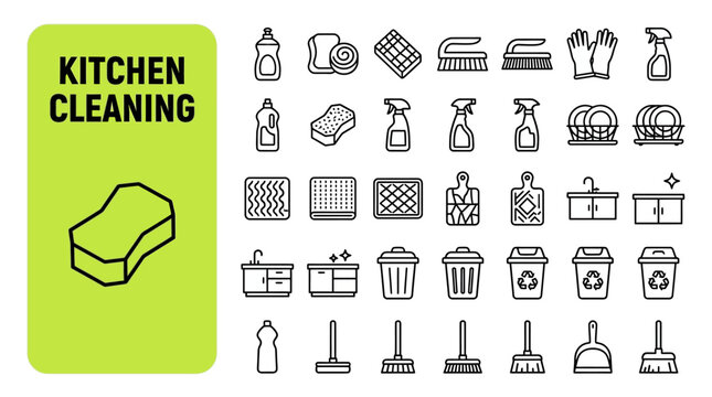 Comprehensive collection of kitchen cleaning icons, illustrating various tools and supplies for a spotless home