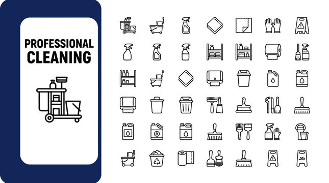 A comprehensive collection of professional cleaning service icons, including tools, supplies, and equipment for a spotless and hygienic environment
