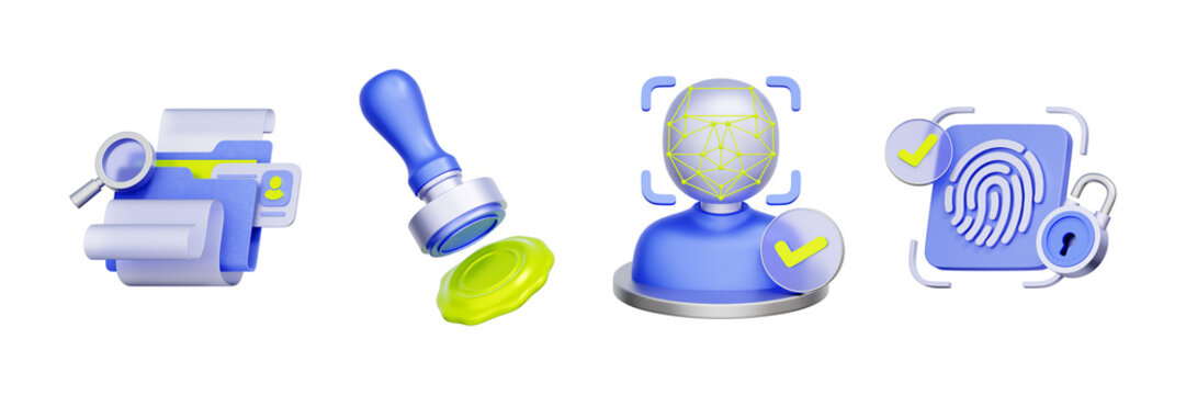 3d illustration of face scan with fingerprint and wax seal for biometric security, identity verification, document authentication, user login, and system access