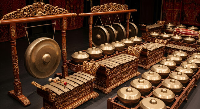 a set of gamelang, a traditional Indonesian musical instrument