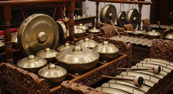 a set of gamelang, a traditional Indonesian musical instrument