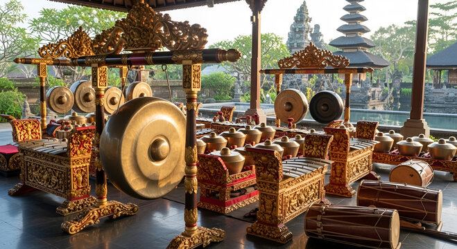 a set of gamelang, a traditional Indonesian musical instrument