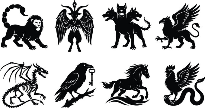Black silhouette collection of mythical creatures legendary monsters and heraldic beasts isolated on a clean white background