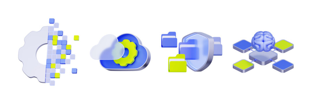 3D illustration of artificial intelligence brain and cloud computing gear with secure data folders for machine learning, digital transformation, data protection, and smart technology solutions.