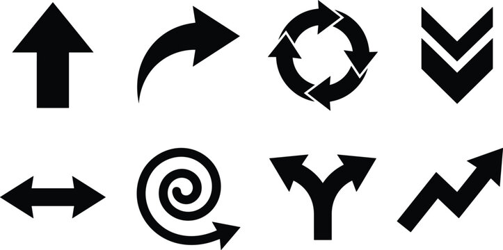 Black arrow icon set featuring diverse directional symbols including spiral curved chevron recycle split up and double side pointers