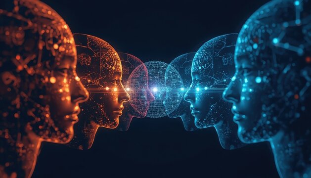 Artificial intelligence digital human profiles facing each other with neural network data connection artificial intelligence connection communication technology futuristic interaction abstract