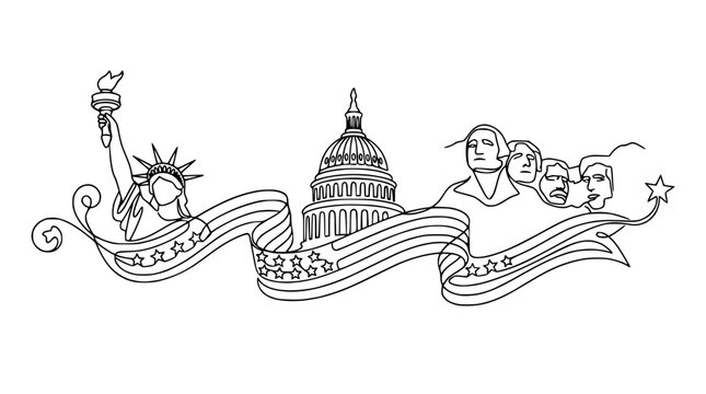 USA Symbols Line Art: Statue of Liberty, Capitol, Mt Rushmore, American Flag Ribbon