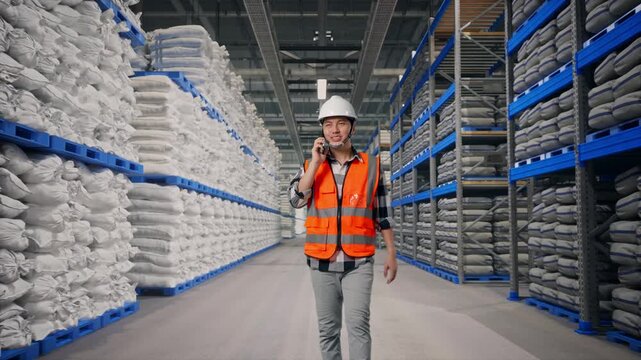 Front View of Asian Male Engineer Talking On Smartphone While Walking at Warehouse storage with stacked white sacks