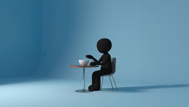 一人で食卓に座る棒人間の3D素材