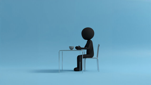 一人で食卓に座る棒人間の3D素材