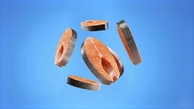 Fresh pink salmon fish fillets tumbling and floating freely in the air against a clear blue background. Ideal for seafood restaurants, healthy diet campaigns, and culinary content.