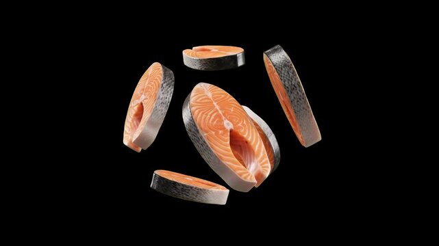A dynamic 3D rendering of multiple fresh salmon steaks levitating and scattered in mid-air, showcasing realistic pink flesh, orange fat marbling, and silver fish skin against a solid black backdrop. P