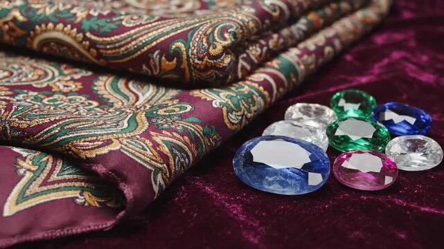 Luxurious Silk Fabric and Assorted Gemstones Display