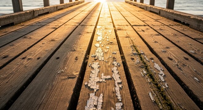 Weathered Wooden Pier Bathed in Warm Golden Sunlight