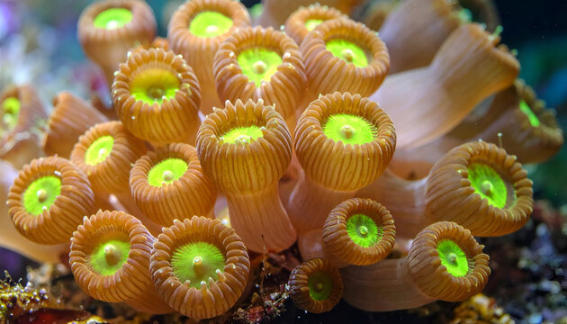 Vibrant Coral Colony with Bright Green Centers Underwater.