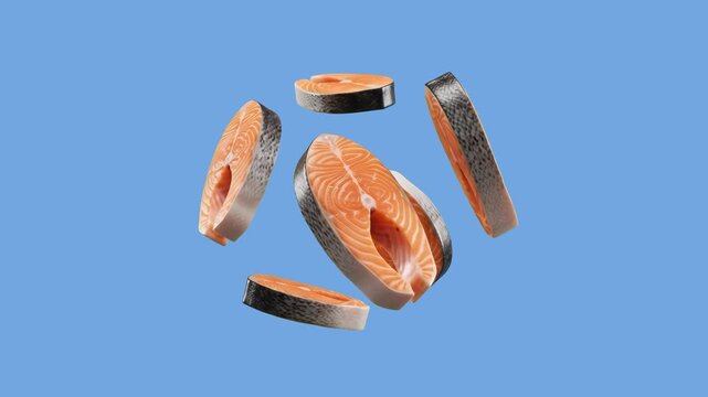 Fresh raw salmon fish fillets and cutlets suspended in mid-air, showing fine texture details. The dynamic 3D food animation is set against a solid blue background, perfect for seafood commercials.