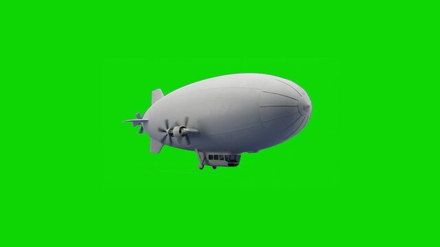 A large white commercial blimp or rigid airship floats steadily across the air, framed from a side profile view. Featuring rear propulsion propellers and a passenger cabin underneath, this 3D animatio