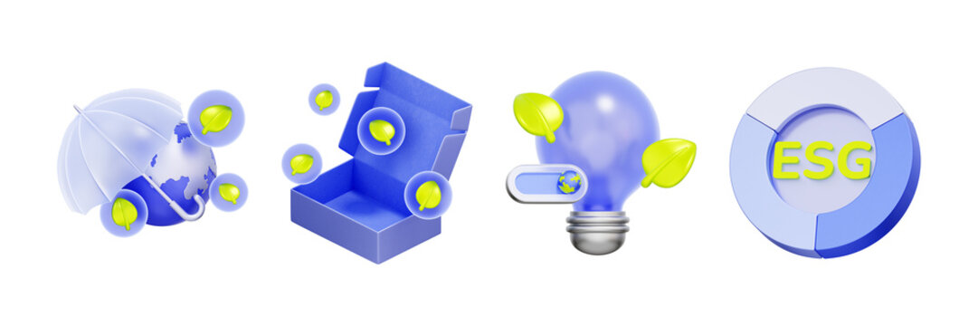 3D illustration of esg pie chart and lightbulb with protective umbrella and eco packaging for environmental protection, green energy innovation, sustainable framework, global safety, and corporate gov