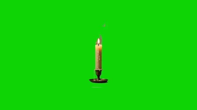 A single vintage wax candle burning with a steady flickering flame sits inside a dark metal holder. Positioned against a solid green screen backdrop, this ambient 3D element is perfect for historical 