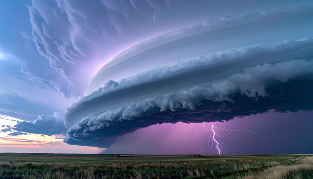 Dramatic Supercell Thunderstorm with Lightning Over Plains.