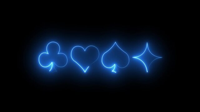 Poker and casino. Neon line suit playing cards icon on black background. Neon spade playing card symbol glowing animation motion graphics.