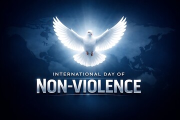 International day of non-violence poster featuring a white dove of peace flying over a dark blue map background, with glowing light rays