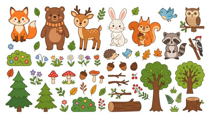 Naklejka premium Forest Woodland Collection Vector EPS 10 Cute Animals Trees and Mushrooms Isolated on White