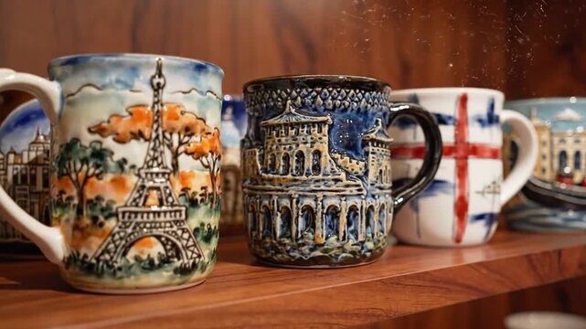 Collection of Artistic Souvenir Mugs Featuring International Landmarks