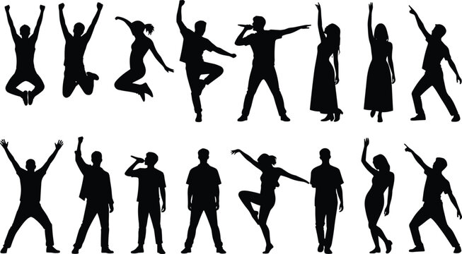 People silhouette set featuring happy crowd jumping dancing singing with microphone celebrating and raising hands isolated on white background vector illustration