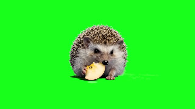A cute, detailed 3D animated hedgehog sits and nibbles on a fresh slice of yellow apple. Captured from a front-facing perspective against a solid chroma key green screen, this adorable mammal asset is