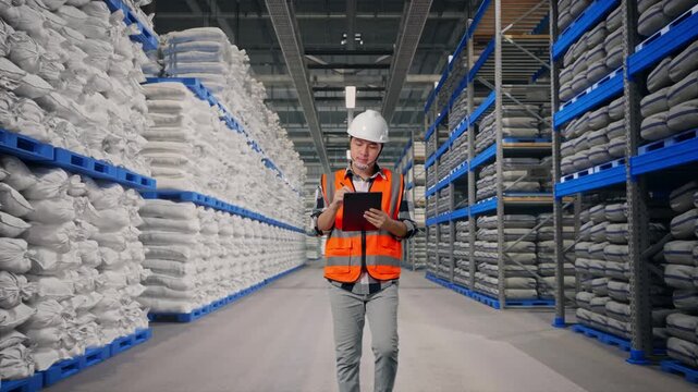 Front View of Asian Male Engineer Taking Note on Tablet While Walking at Warehouse storage with stacked white sacks
