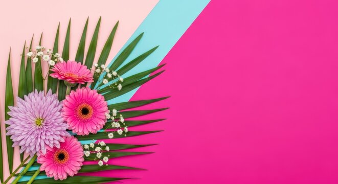 Macro flat lay photography of a botanical arrangement with purple chrysanthemum and gerberas on a split color rose cyan and magenta background
