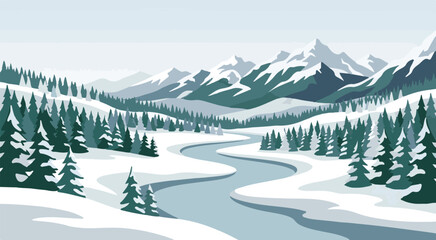 Fototapeta premium Snowy mountain range with a winding river through evergreen trees