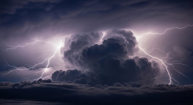 Violent thunderstorm with brilliant lightning illuminating dark, turbulent clouds