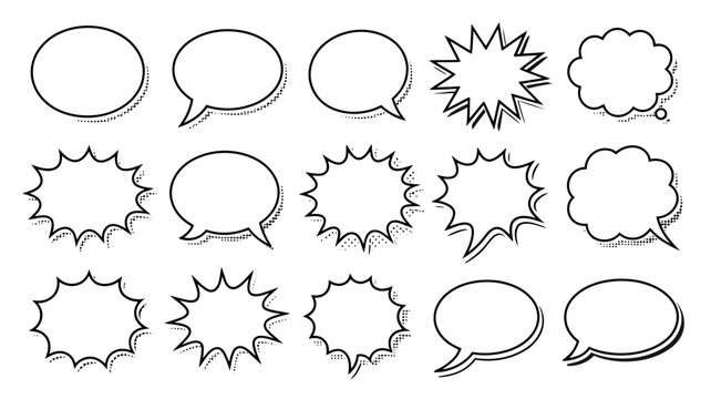 A selection of comic book speech bubbles and explosion bursts featuring halftone dot patterns and black outlines on a white background for