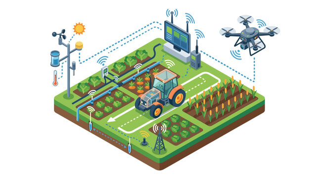 Isometric concept of smart farming and precision agriculture technology.