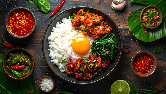 Delicious Indonesian Nasi Campur Rice Bowl with Egg and Side Dishes.