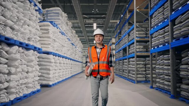 Front View of Asian Male Engineer Holding Blueprint While Walking at Warehouse storage with stacked white sacks