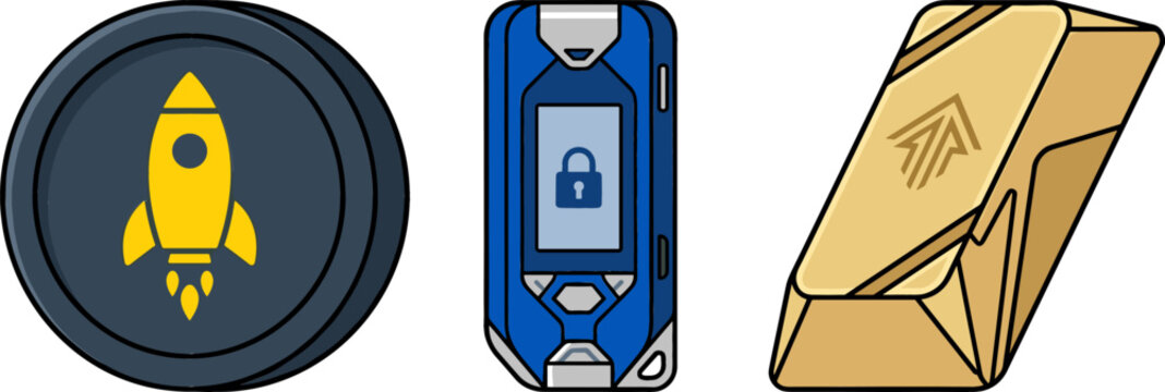 Crypto Currency and Digital Asset Vector Set with Rocket Token Coin Hardware Wallet and Futuristic Gold Bar for Finance Apps and Blockchain Layouts