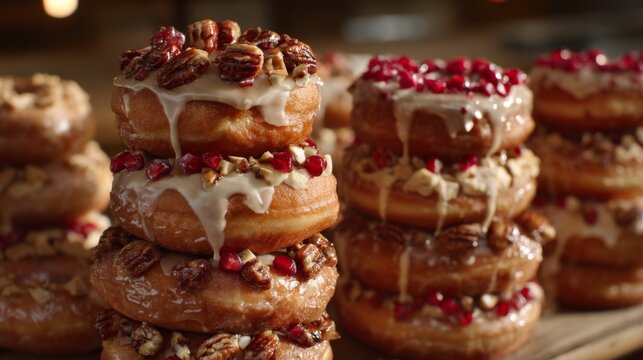 Delicious stack of gourmet doughnuts with nuts and fruit toppings, perfect for dessert lovers and bakery enthusiasts, showcasing a decadent sweet treat experience