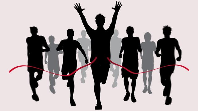 Silhouette Group Jumping Over Red Hurdle Line Minimalist Black and White Composition