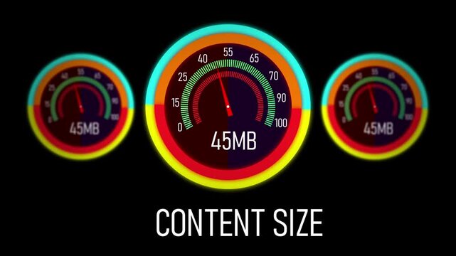 Dynamic digital size gauge interface featuring animated loading progress meters with rising megabyte data metrics for high-speed network bandwidth monitoring and modern information technology systems