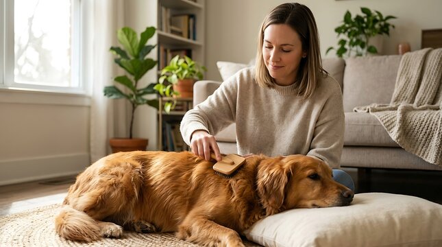A young woman smiles gently while brushing her golden retriever dog resting on a pillow on the floor, enjoying a calm moment of pet grooming and care inside a bright, modern living room.