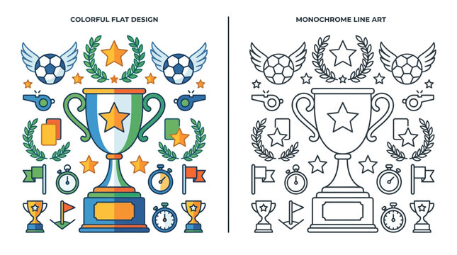 Sports Trophy and Symbols: Flat Design vs. Line Art Comparison